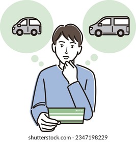 A man looking at a passbook and thinking about buying a car