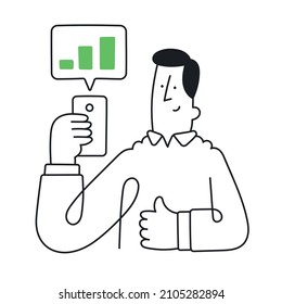 Man looking at phone checking business revenues online. Outline, linear, thin line, doodle art. Simple style with editable stroke.