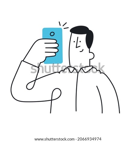 Man looking at phone. Outline, linear, thin line, doodle art. Simple style with editable stroke.