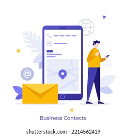 Hombre mirando el teléfono, el smartphone, la carta en el sobre. Concepto de información de contacto de socios o colegas de negocios, comunicación de trabajo diario, ilustración moderna de vector plano para banner, afiche.