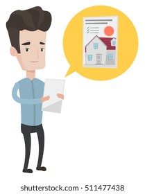 Man looking at photo of house on digital tablet. Man seeking for appropriate house on digital tablet. Man holding home purchase contract. Vector flat design illustration isolated on white background.