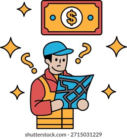 Ein Mann sieht sich ein Stück Papier an, auf dem ein Dollarzeichen steht. Er runzelt die Stirn und wirkt verwirrt