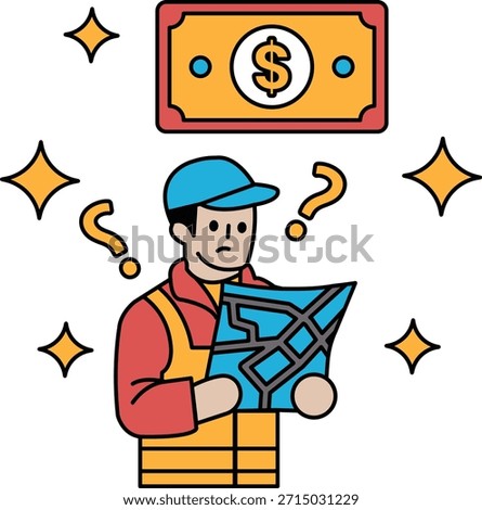A man is looking at a piece of paper with a dollar sign on it. He is frowning and seems to be confused