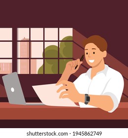 Man looking at a piece of paper while thinking in a room flat vector illustration
