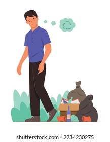 Man Looking Pile of Garbage on Pathway and Thinking of Recycle