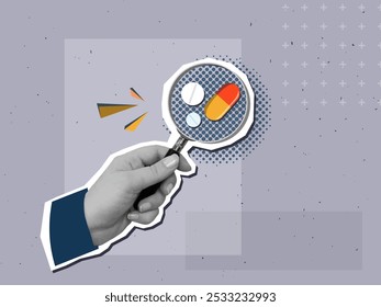 Man looking at pills through a magnifying glass. Modern collage style. Vector illustration