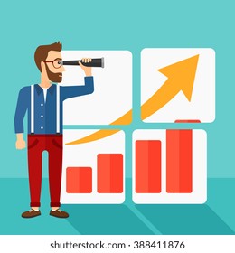 Man looking at positive bar chart.