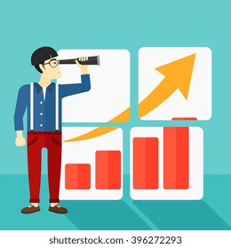Man looking at positive bar chart.