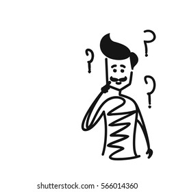 Man looking at the question marks, Cartoon Hand Drawn Sketch Vector illustration.