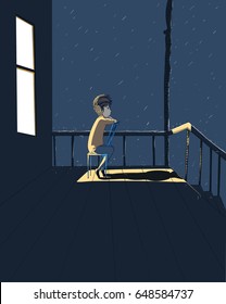 Man Looking At The Rain In The Front Porch.He Was Thinking Of A Lover Who Was Far Away.Doodle Art Concept,illustration Painting
