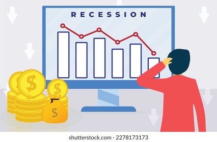 A man Looking at Recession and scratching his head in fear. Fear of Global Recession, Bankruptcy and Economic Slowdown and Failure.