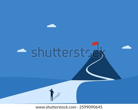 man looking at the red flag on the mountaintop on the path of success