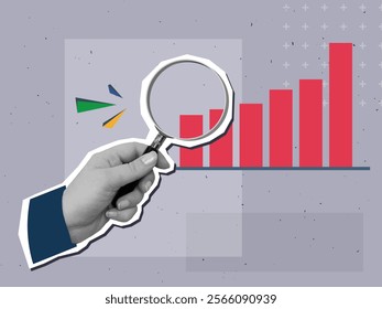 Man looking at red graph through a magnifying glass. Modern collage style. Vector illustration