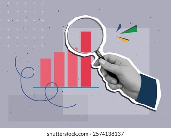 Man looking at red graph through a magnifying glass. Modern collage style. Vector illustration