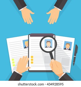 Man looking resume with magnifying glass job interview concept vector