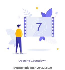 Man looking at retro motion picture opening countdown on cinema screen. Concept of beginning of movie or film, video start, entertainment project launch. Modern flat colorful vector illustration.