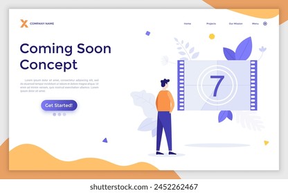 Man looking at retro motion picture opening countdown on cinema screen. Landing page for movie or film, video start, entertainment project launch. Modern flat colorful vector illustration.