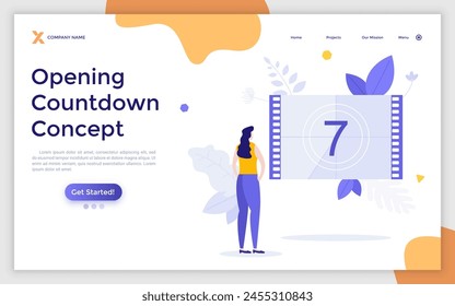 Man looking at retro motion picture opening countdown on cinema screen. Landing page for movie or film, video start, entertainment project launch. Modern flat colorful vector illustration.