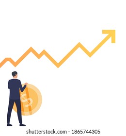 The man is looking at the rising graph with a golden sign next to him.
