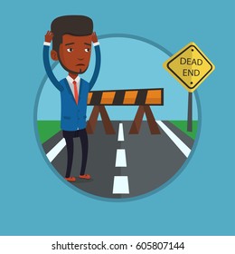 Man looking at road sign dead end symbolizing business obstacle. Man facing with business obstacle. Business obstacle concept. Vector flat design illustration in the circle isolated on background.