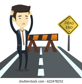 Man looking at road sign dead end symbolizing business obstacle. Businessman facing with business obstacle. Business obstacle concept. Vector flat design illustration isolated on white background.