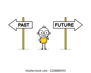 Man looking at road sign and decide the right way to past or future. Business decision making, crossroads as business strategy choice and future options concept. Vector stock illustration