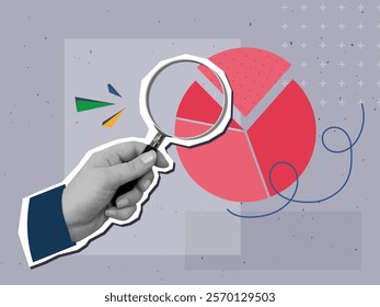 Man looking at round diagram through a magnifying glass. Modern collage style. Vector illustration