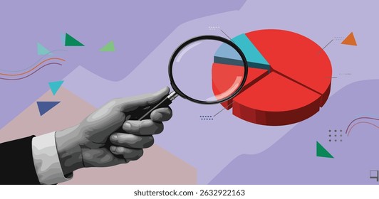 Man looking at round diagram through a magnifying glass. Modern collage style. 