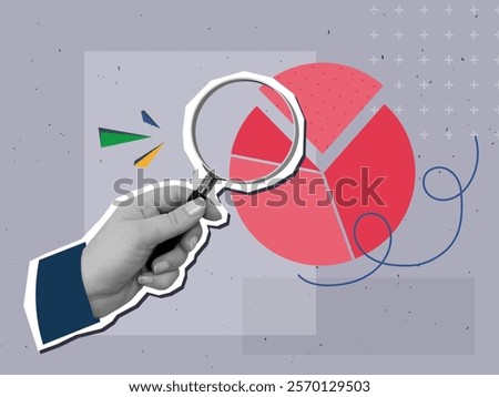 Man looking at round diagram through a magnifying glass. Modern collage style. Vector illustration