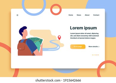 Man looking for route on map. Geolocation, direction. Flat vector illustration. Navigation concept can be used for presentations, banner, website design, landing web page
