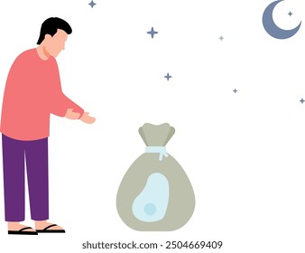 A man is looking at a sack of food.