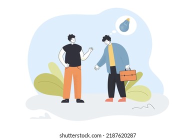Man looking at sad employee with dead bulb above him. Man burned out at work flat vector illustration. Creativity, stress, failure concept for banner, website design or landing web page
