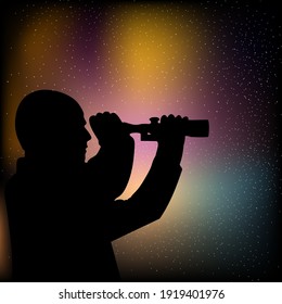 man looking at scope silhouette, stars observers. Stock Vector illustration isolated on white background.