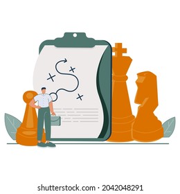 Man looking at screen with route indication on screen and knight chess piece. Concept of digital strategy, strategic development of startup project, business planning.Modern flat vector illustration