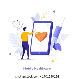 Man looking at screen of smartphone with heartbeat indication, syringe and stethoscope. Concept of mobile healthcare application, app for health indicators monitoring. Modern flat vector illustration.