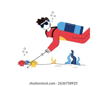 Man is looking for shells in the sea, natural beautiful treasure. Character design. Vector flat illustration