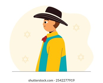 Man looking sideways wearing dark brown hat, yellow shirt, red tie and blue overalls, star of David pattern background, gypsy vector illustration.