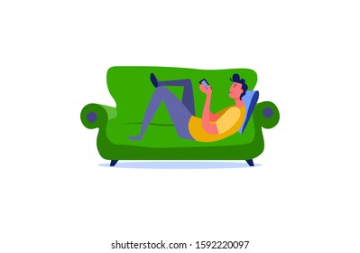 Man looking at smartphone laying down. Single person, net surfing, social media, gadget flat vector illustration. Leisure activity and free time concept for banner, website design or landing web page