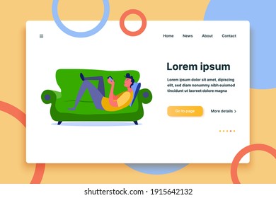 Man looking at smartphone laying down. Single person, net surfing, social media, gadget flat vector illustration. Leisure activity and free time concept for banner, website design or landing web page