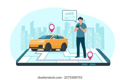 Man looking at smartphone screen while searching for rental car against city background. Concept illustration of car rental service. Vector illustration.
