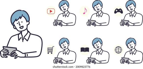 man looking at a smartphone simple illustration set