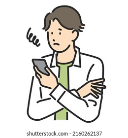 Un hombre mirando un smartphone con una expresión problemática