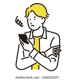 A man looking at a smartphone with a troubled expression