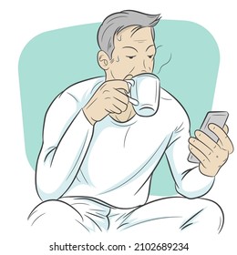 man looking at smartphone while drinking coffee