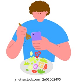 man looking at smartphone while eating, digital lifestyle flat vector illustration