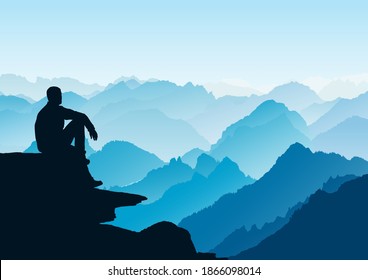 A man looking at snow-capped mountains. Beautiful landscape. Tourism and travelling. Natural vector design for background, wallpaper, poster, banner, cover. 