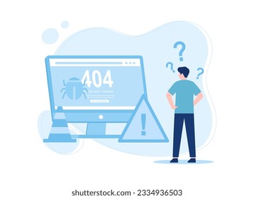 A man looking for solutions to computer errors trending concept flat illustration