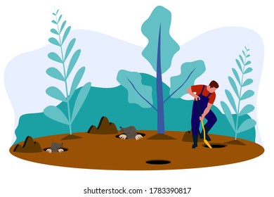 A man looking for some mole that digging a hole in the ground with a shovel