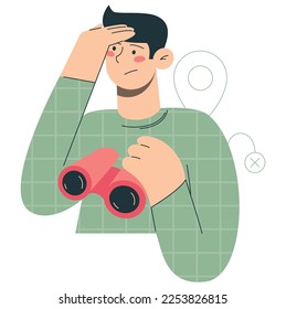 Man looking for something with a binocular. Flat vector minimalist illustration of searching process