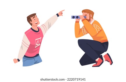 Man Looking at Something Interesting with Binoculars and Pointing Finger Vector Set